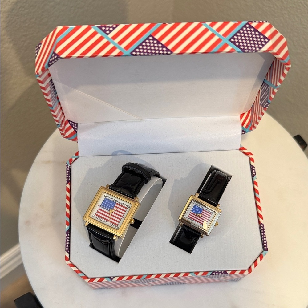 Set of Black Strap Watch Set with American Flag Dial.